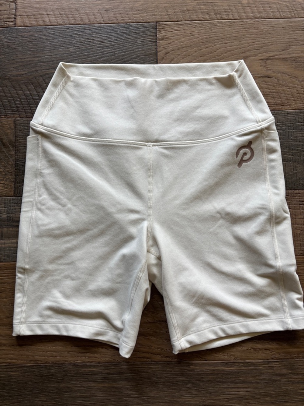 Peloton Cream High-Rise Bike Shorts with Subtle Logo